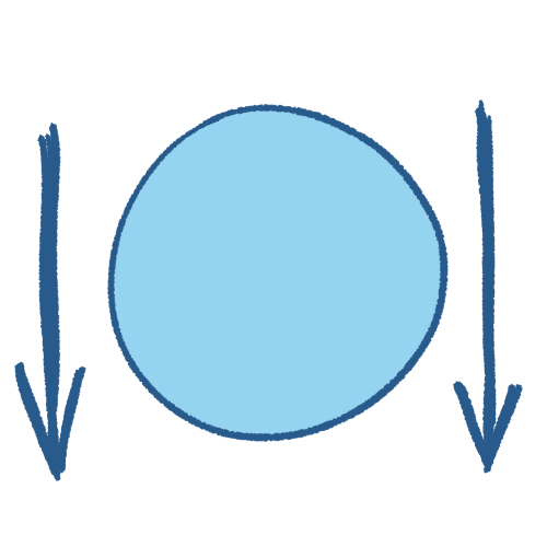 A drawing of a large light blue circle with blue lineart. On each side of it there is a scribbly black arrow pointing down.